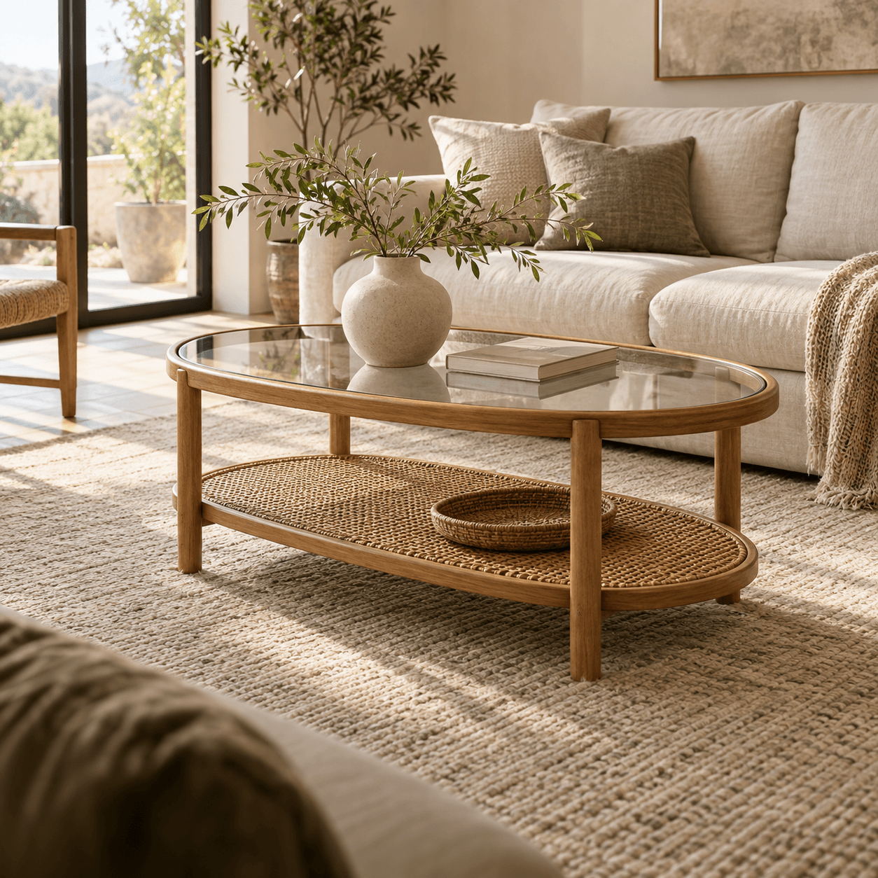 Rattan coffee table in a sunlit living room